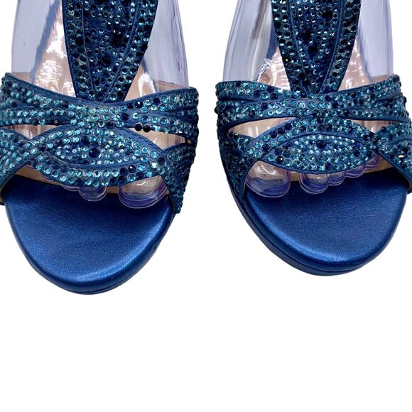 Alex Marie T-Strap Beaded Peep-Toe Dressy Heels Black Tie Fabric 7.5 Navy Blue - Picture 7 of 14